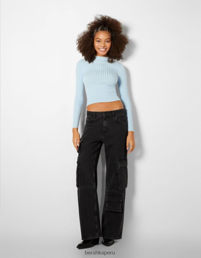 azul claro Bershka mujer suéter de canalé con cuello alto 806J6B1024