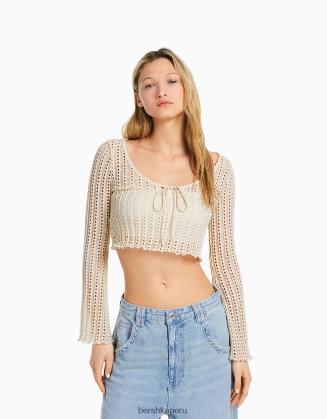 beige Bershka mujer suéter de crochet con mangas largas acampanadas 806J6B985