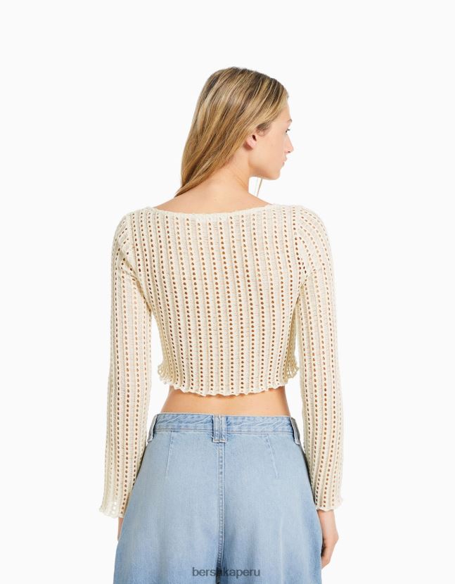 beige Bershka mujer suéter de crochet con mangas largas acampanadas 806J6B985