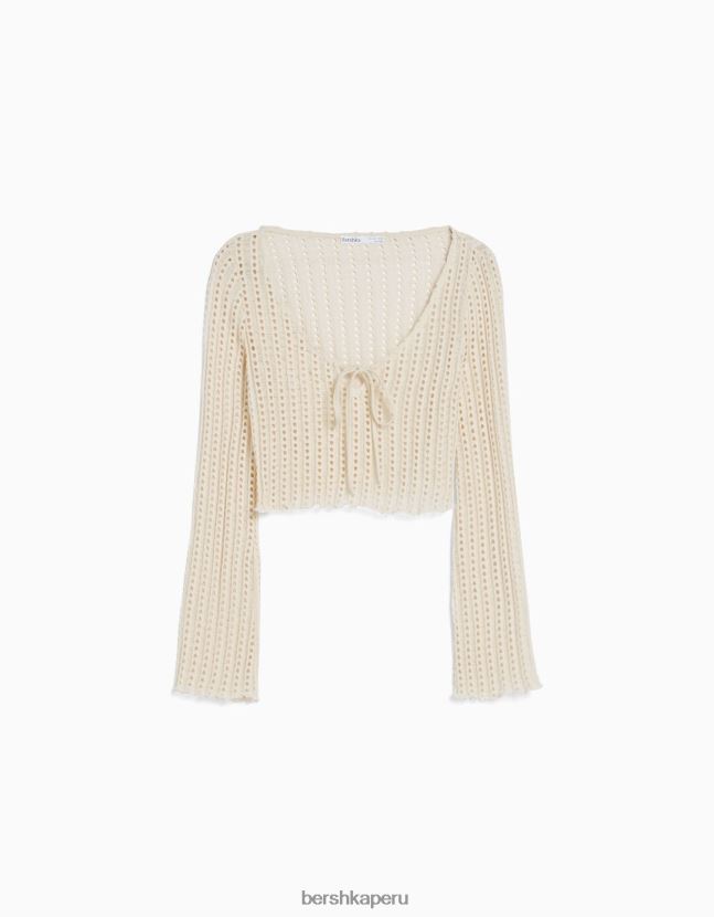 beige Bershka mujer suéter de crochet con mangas largas acampanadas 806J6B985