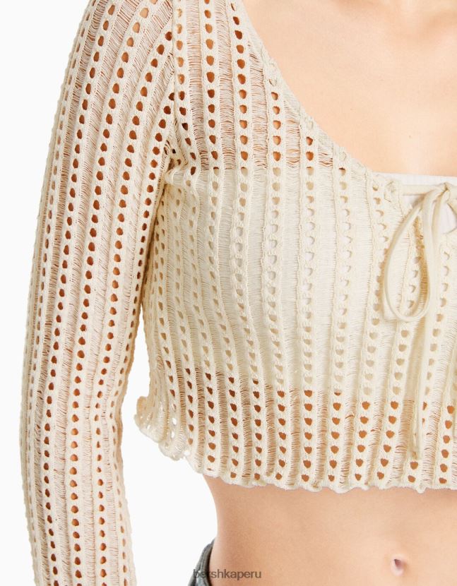 beige Bershka mujer suéter de crochet con mangas largas acampanadas 806J6B985
