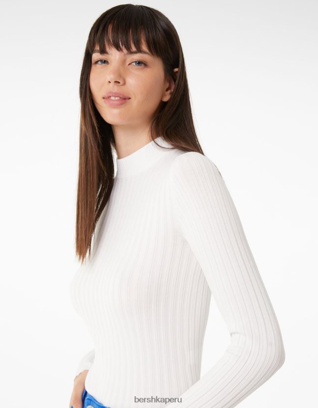 blanco Bershka mujer jersey de canalé con cuello alzado 806J6B1023