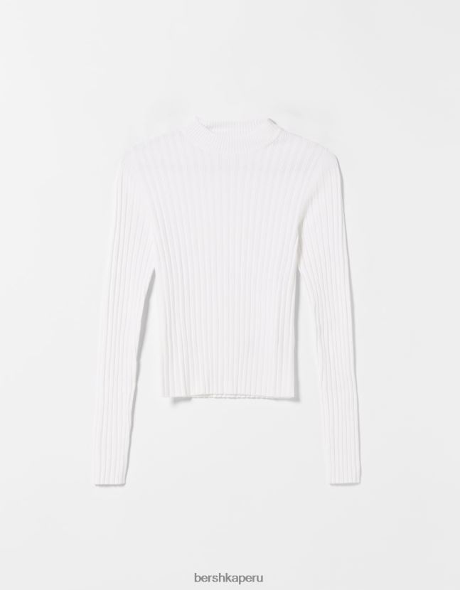 blanco Bershka mujer jersey de canalé con cuello alzado 806J6B1023