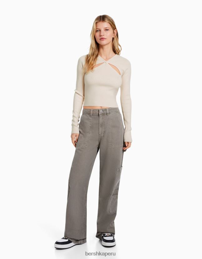 crema Bershka mujer jersey con aberturas y doble botonadura 806J6B1026