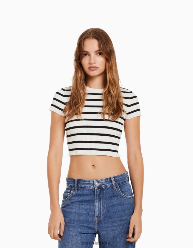 crema Bershka mujer jersey de canalé de manga corta 806J6B611