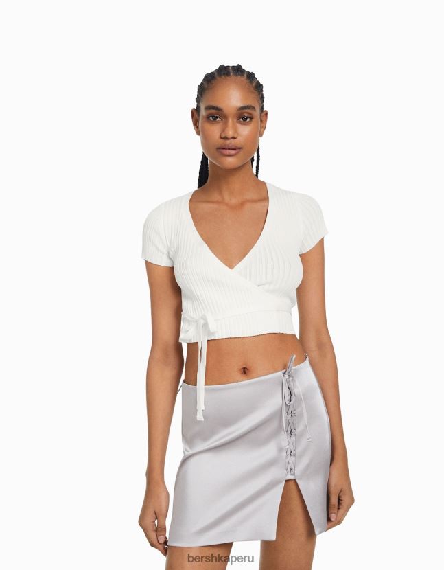 crema Bershka mujer jersey de manga corta tipo bailarina cruzado con lazo 806J6B535