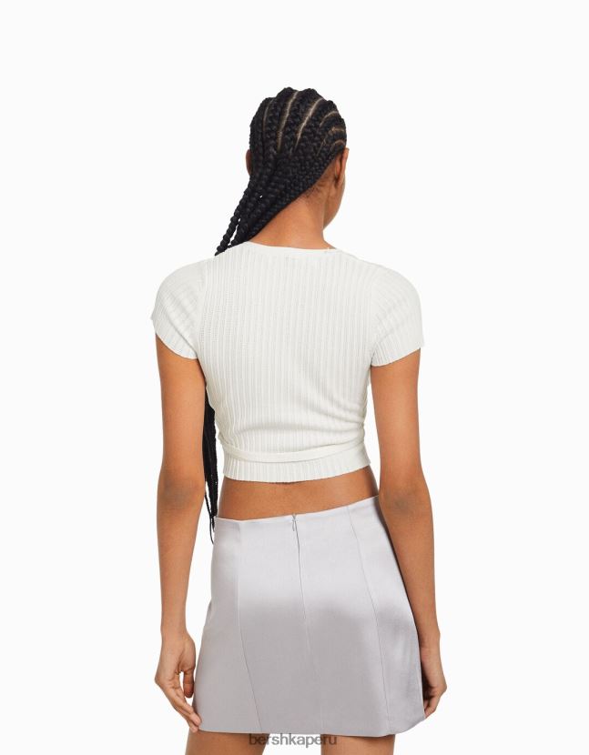 crema Bershka mujer jersey de manga corta tipo bailarina cruzado con lazo 806J6B535