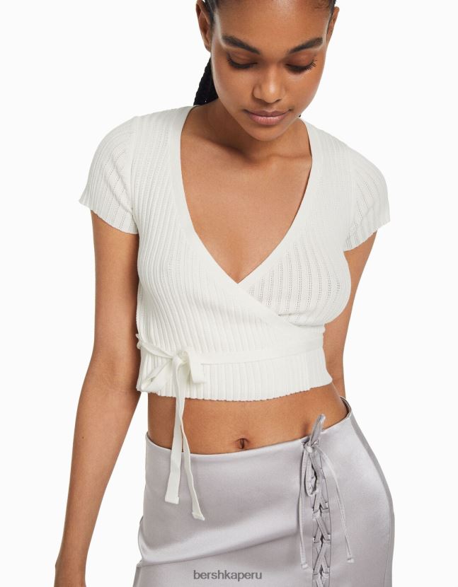 crema Bershka mujer jersey de manga corta tipo bailarina cruzado con lazo 806J6B535