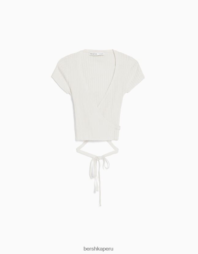 crema Bershka mujer jersey de manga corta tipo bailarina cruzado con lazo 806J6B535