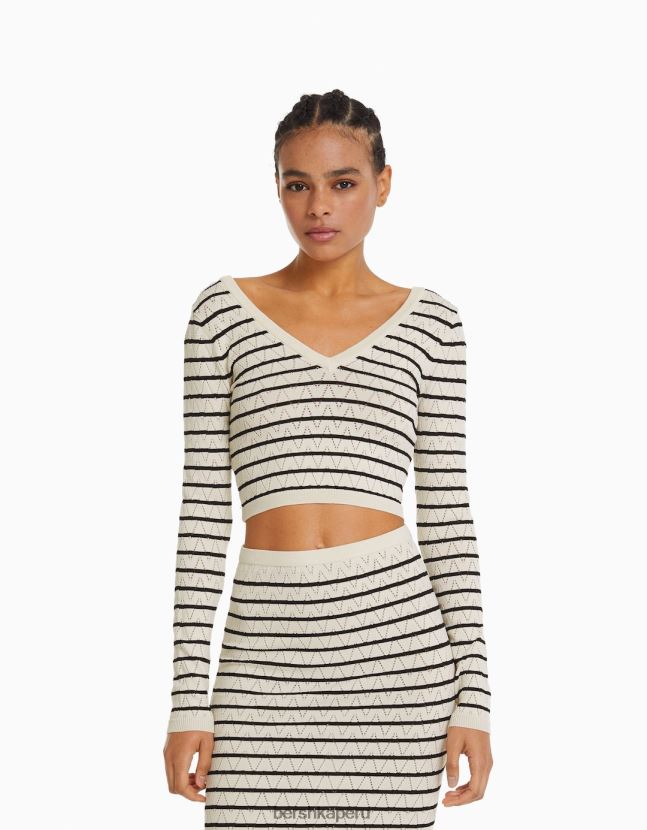 crema Bershka mujer jersey de punto abierto a rayas con cuello de pico 806J6B989