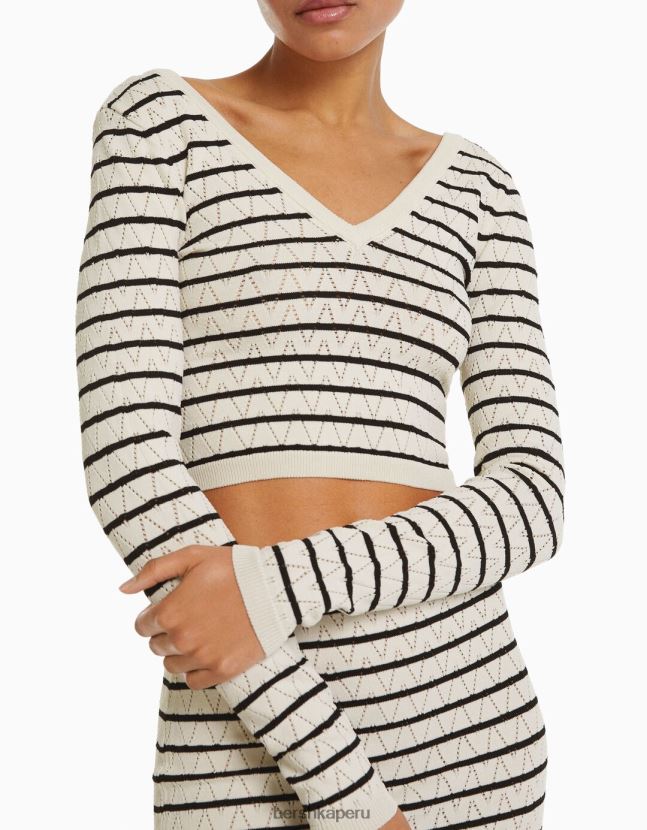 crema Bershka mujer jersey de punto abierto a rayas con cuello de pico 806J6B989
