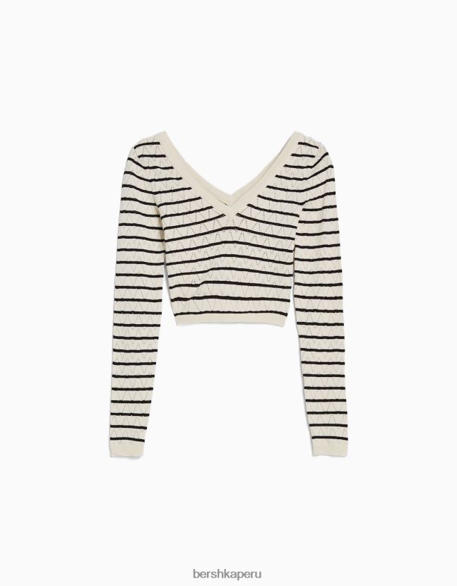 crema Bershka mujer jersey de punto abierto a rayas con cuello de pico 806J6B989