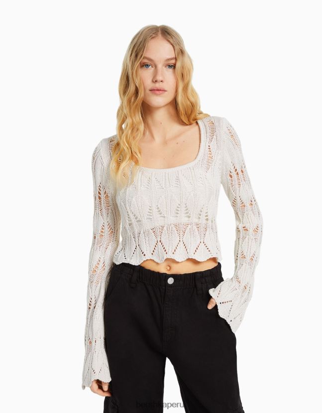 crema Bershka mujer jersey de punto abierto con escote cuadrado 806J6B1046