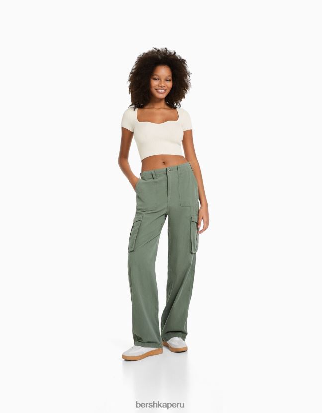 crema Bershka mujer jersey de punto de manga corta con escote corazón 806J6B541