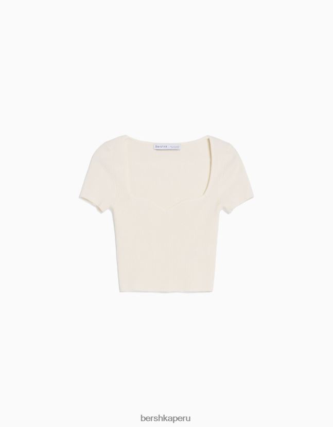 crema Bershka mujer jersey de punto de manga corta con escote corazón 806J6B541