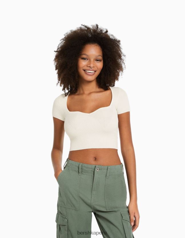 crema Bershka mujer jersey de punto de manga corta con escote corazón 806J6B994