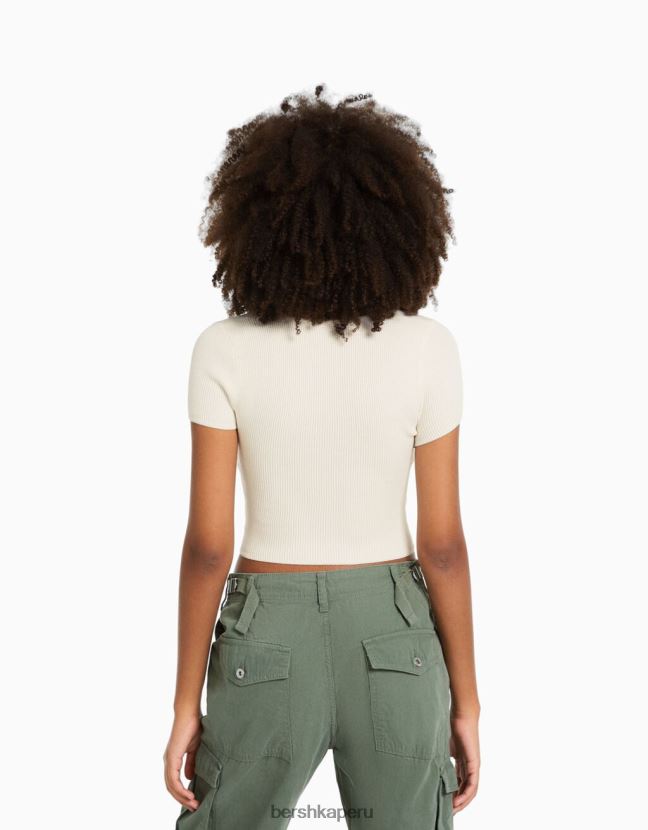 crema Bershka mujer jersey de punto de manga corta con escote corazón 806J6B994
