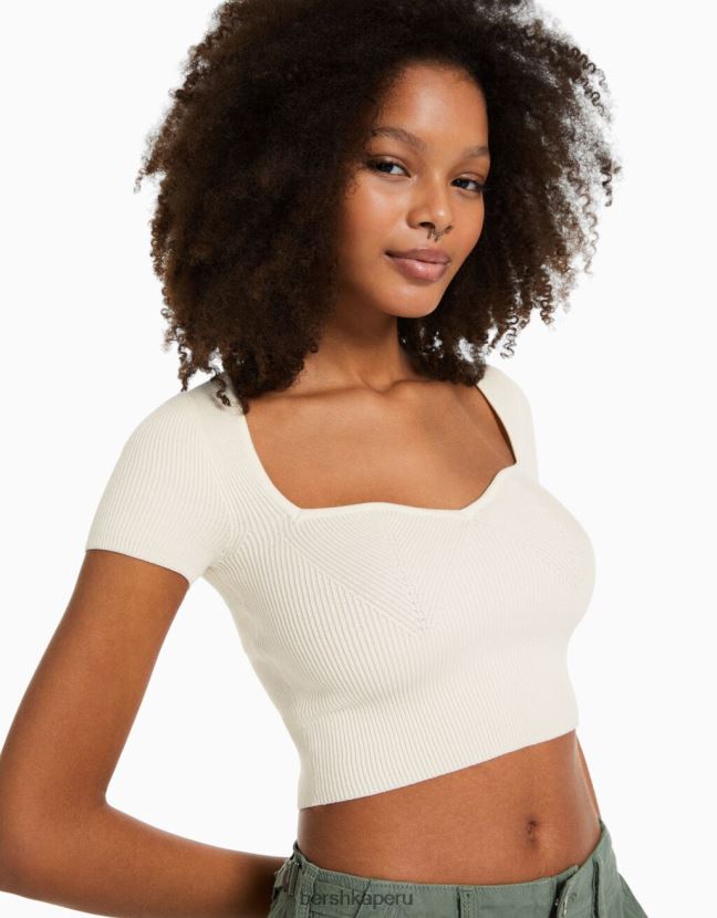 crema Bershka mujer jersey de punto de manga corta con escote corazón 806J6B994