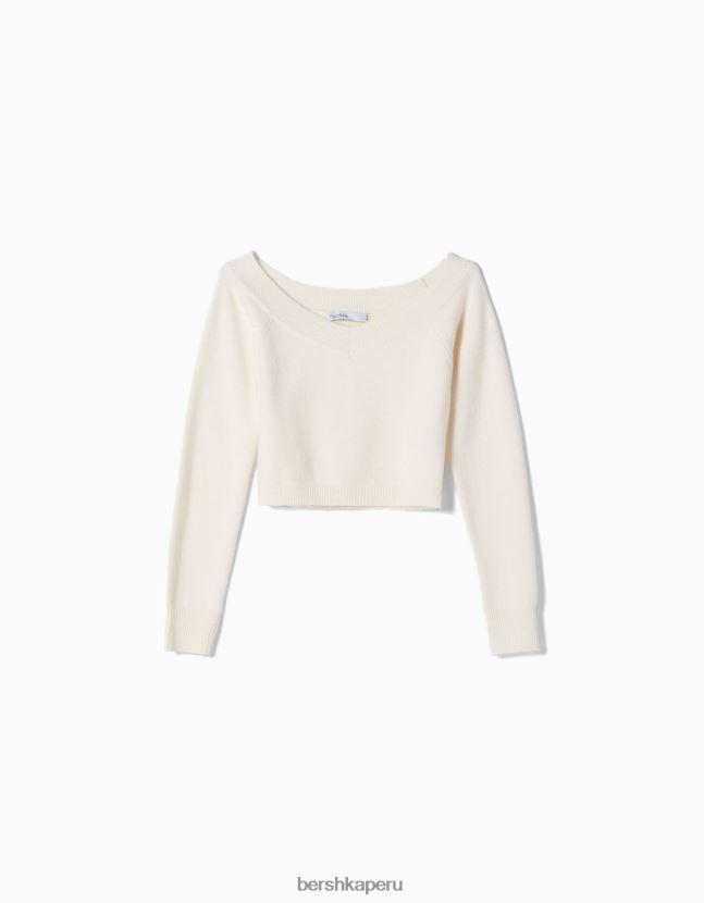 crema Bershka mujer suéter corto con cuello en V 806J6B1091