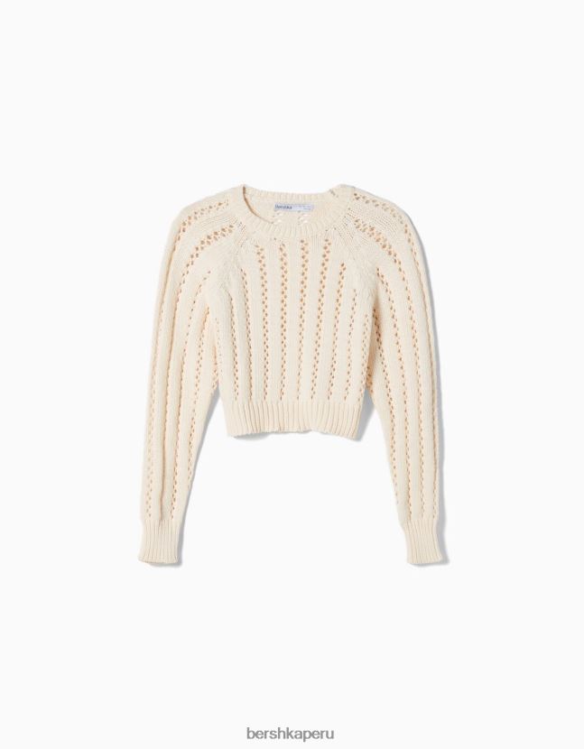 crema Bershka mujer suéter corto de punto abierto con cuello redondo 806J6B1047