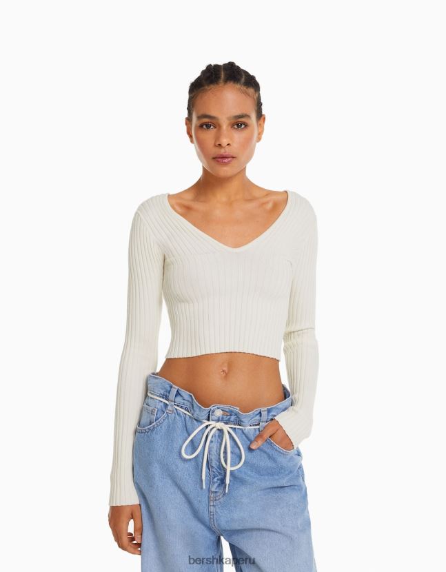crema Bershka mujer suéter de canalé con cuello en V 806J6B979