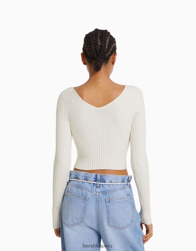 crema Bershka mujer suéter de canalé con cuello en V 806J6B979