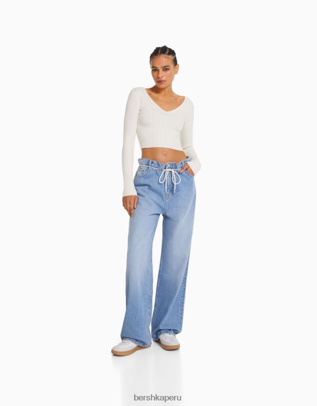 crema Bershka mujer suéter de canalé con cuello en V 806J6B979