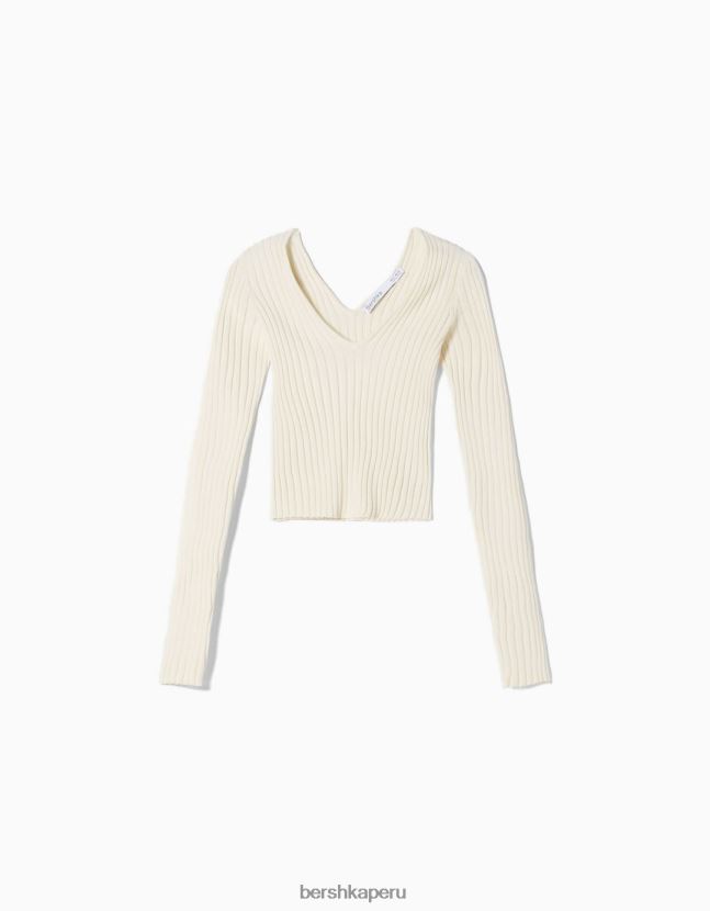 crema Bershka mujer suéter de canalé con cuello en V 806J6B979