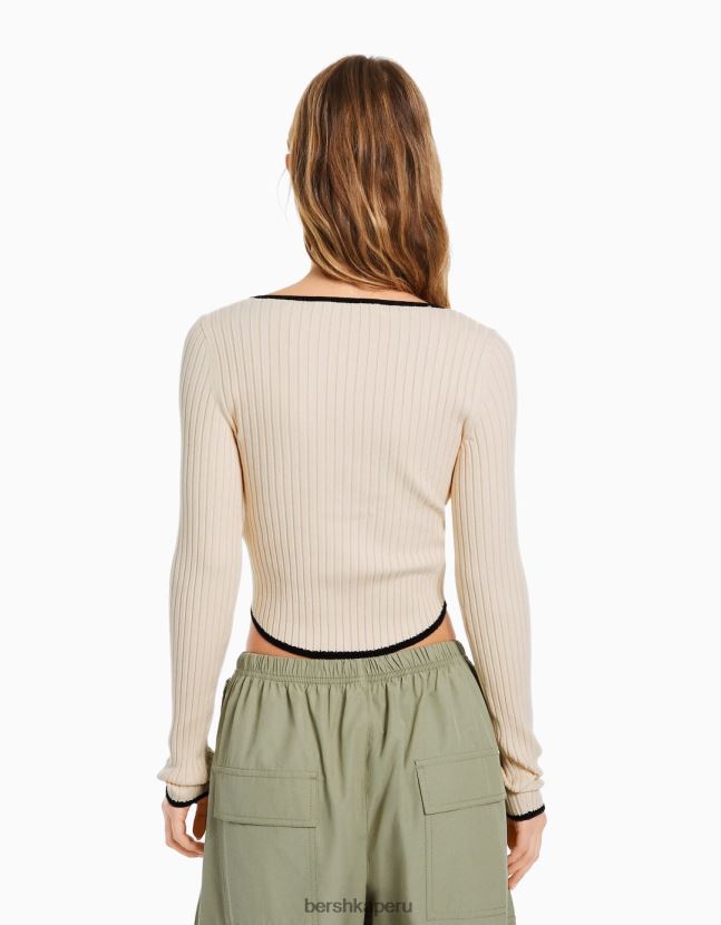 crema Bershka mujer suéter de canalé de manga larga con escote de lazo 806J6B1027