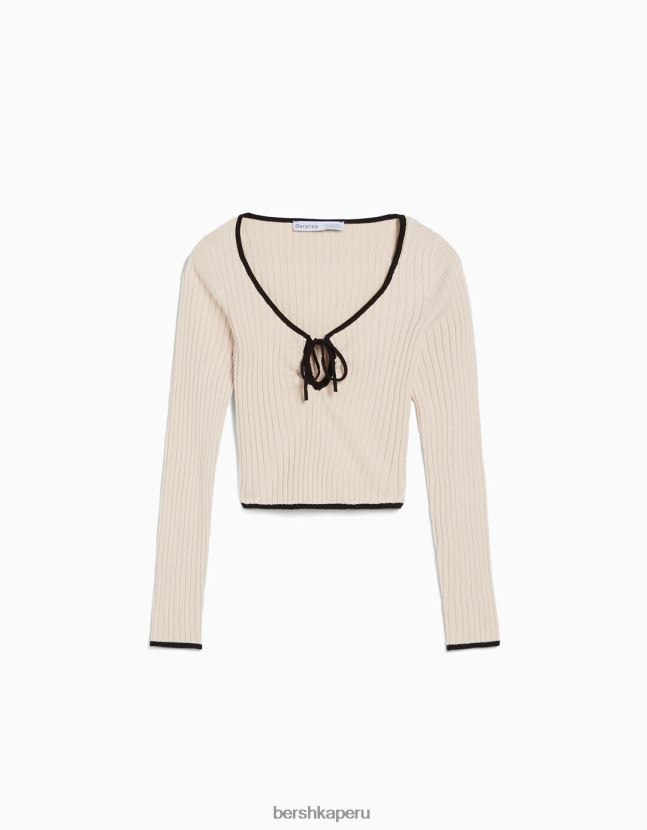 crema Bershka mujer suéter de canalé de manga larga con escote de lazo 806J6B1027