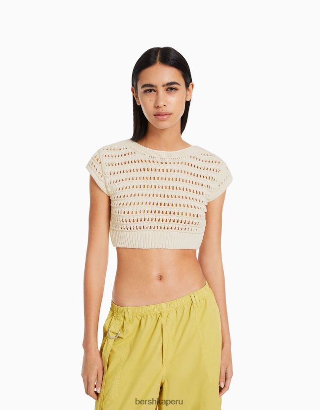 crema Bershka mujer suéter de punto abierto de manga corta 806J6B424
