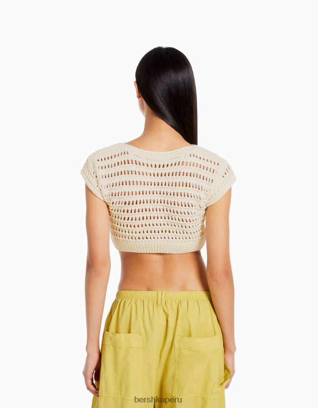 crema Bershka mujer suéter de punto abierto de manga corta 806J6B424