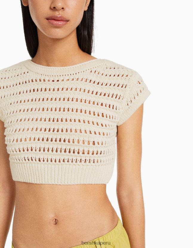 crema Bershka mujer suéter de punto abierto de manga corta 806J6B424