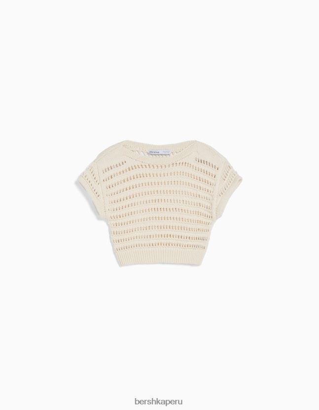 crema Bershka mujer suéter de punto abierto de manga corta 806J6B424