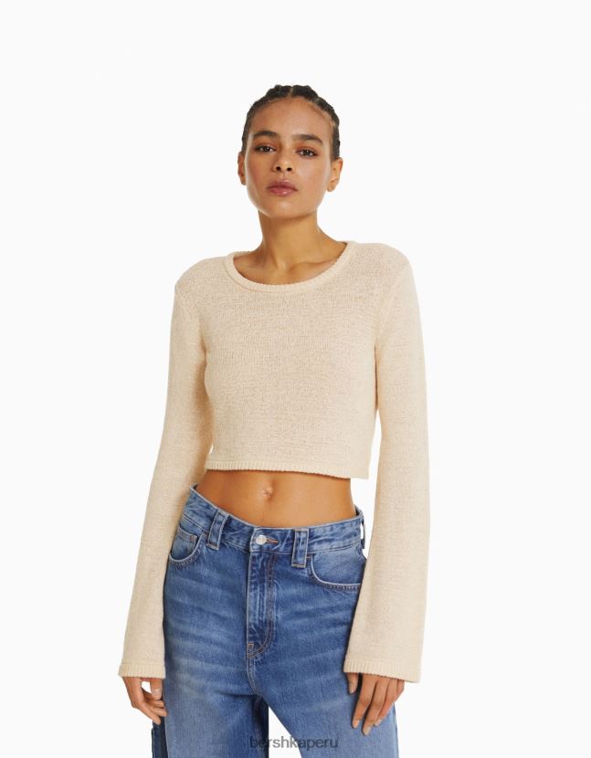 crema Bershka mujer suéter rústico con cuello redondo 806J6B978