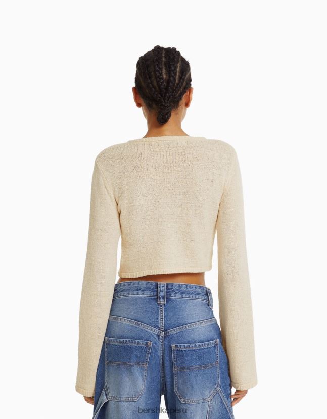 crema Bershka mujer suéter rústico con cuello redondo 806J6B978