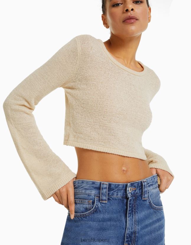 crema Bershka mujer suéter rústico con cuello redondo 806J6B978