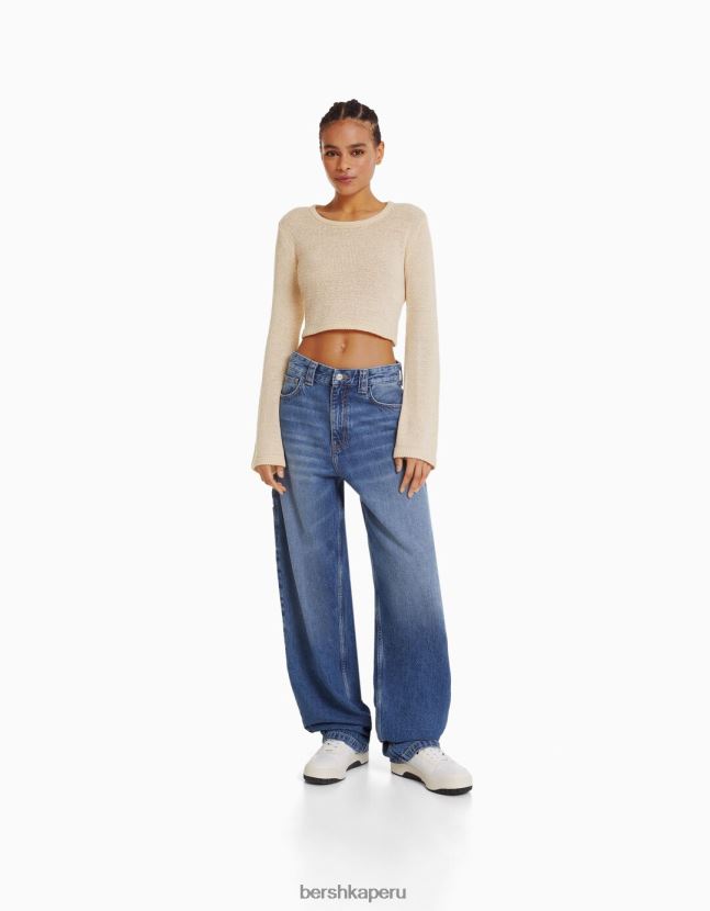 crema Bershka mujer suéter rústico con cuello redondo 806J6B978