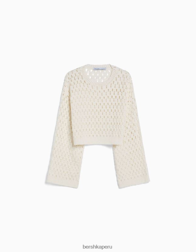 crema Bershka mujer suéter rústico de punto abierto con cuello redondo 806J6B996