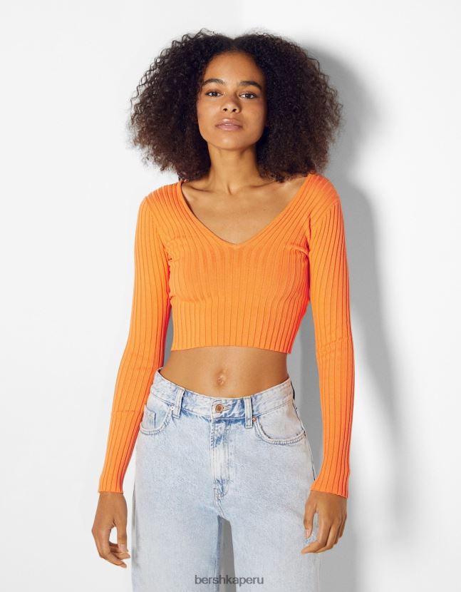 naranja Bershka mujer suéter de canalé con cuello en V 806J6B1057