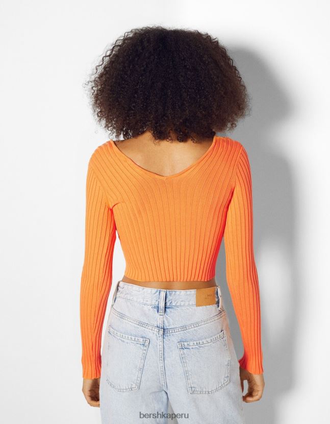naranja Bershka mujer suéter de canalé con cuello en V 806J6B1057