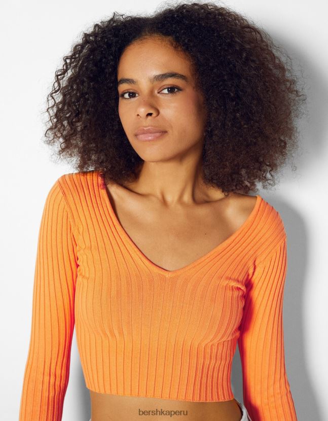 naranja Bershka mujer suéter de canalé con cuello en V 806J6B1057