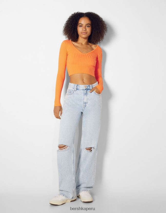 naranja Bershka mujer suéter de canalé con cuello en V 806J6B1057