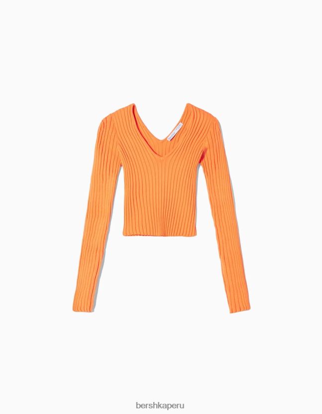 naranja Bershka mujer suéter de canalé con cuello en V 806J6B1057