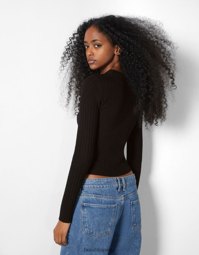 negro Bershka mujer jersey de canalé con cuello alzado 806J6B1021