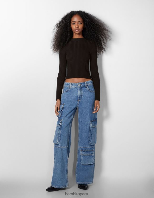 negro Bershka mujer jersey de canalé con cuello alzado 806J6B1021