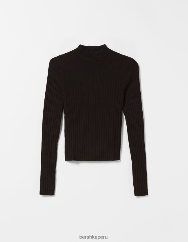negro Bershka mujer jersey de canalé con cuello alzado 806J6B1021