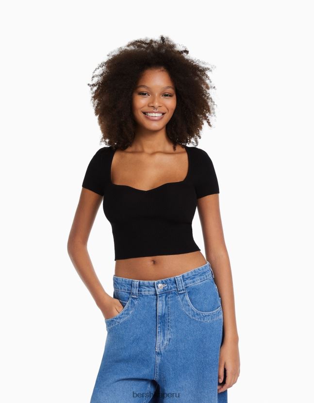 negro Bershka mujer jersey de punto de manga corta con escote corazón 806J6B542