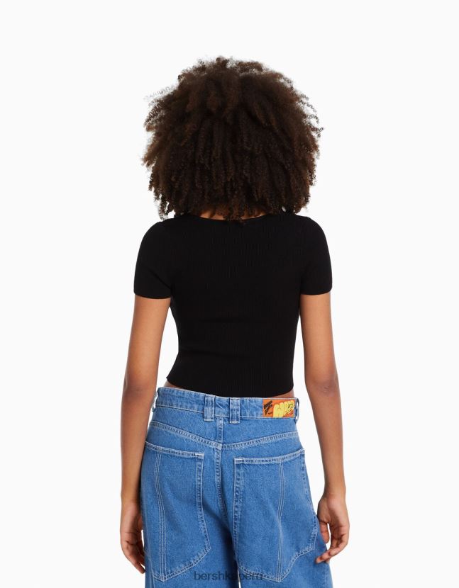 negro Bershka mujer jersey de punto de manga corta con escote corazón 806J6B542