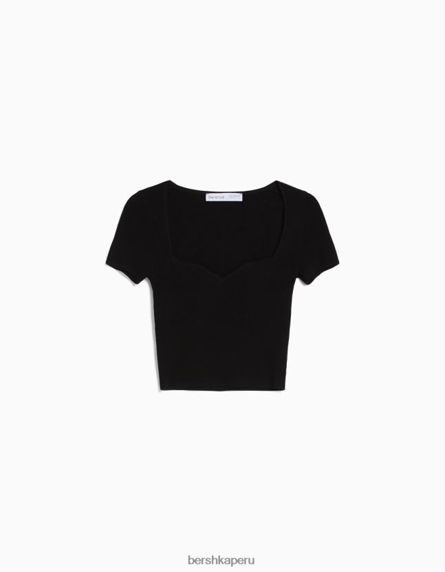 negro Bershka mujer jersey de punto de manga corta con escote corazón 806J6B542